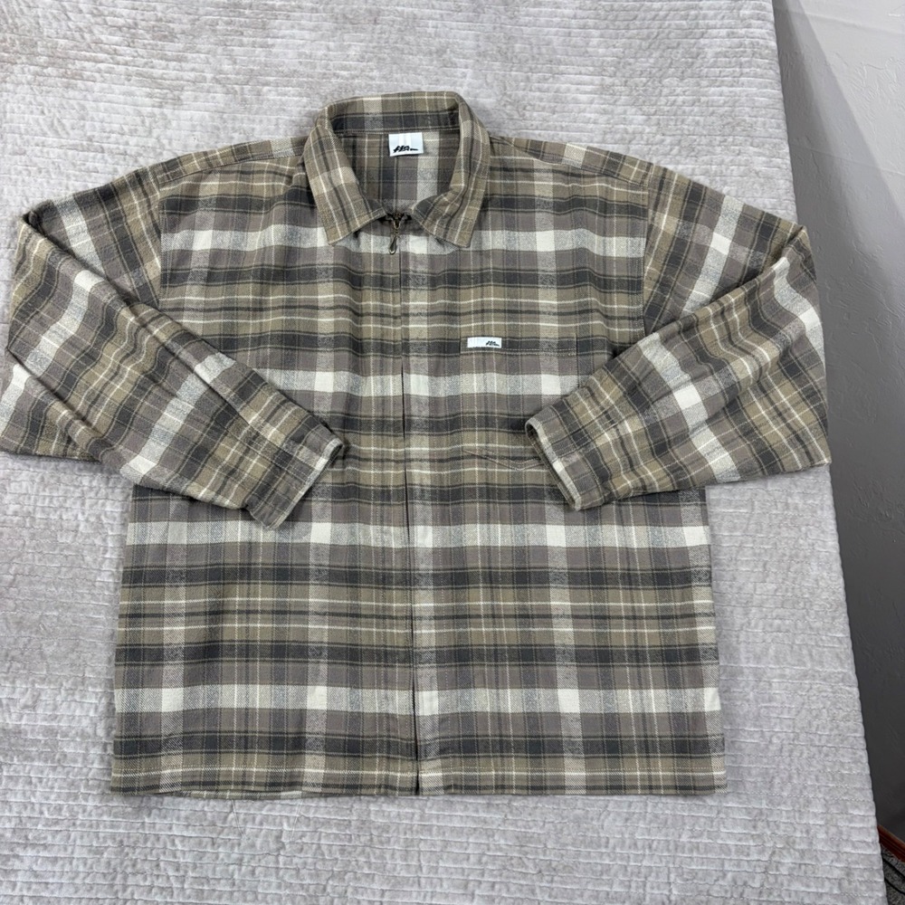 Vintage 90's No Fear Zip Up Flannel Shirt Plaid Brown Tan
 XL Streetwear Skater